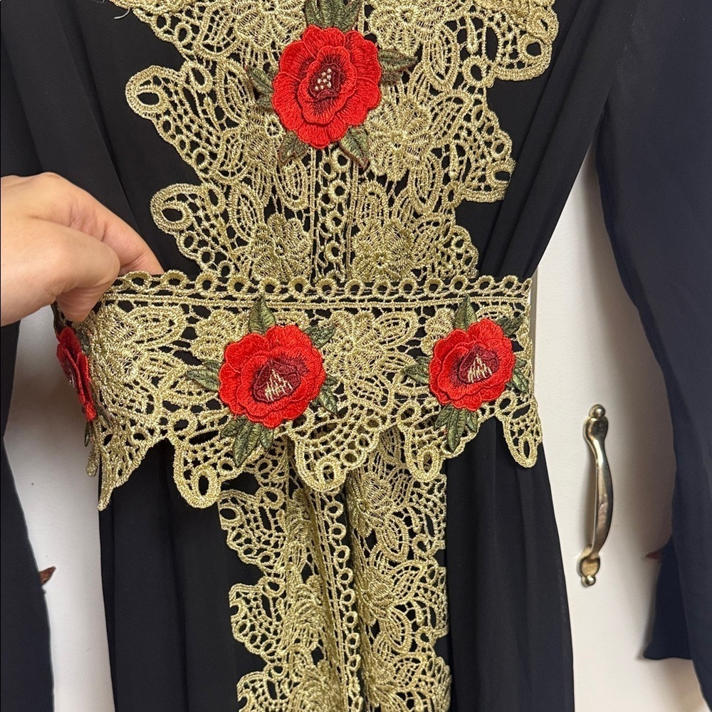 Black Long Sleeve Dress with Gold Lace and Red Floral Accents with Belt size Med - Picture 8 of 13